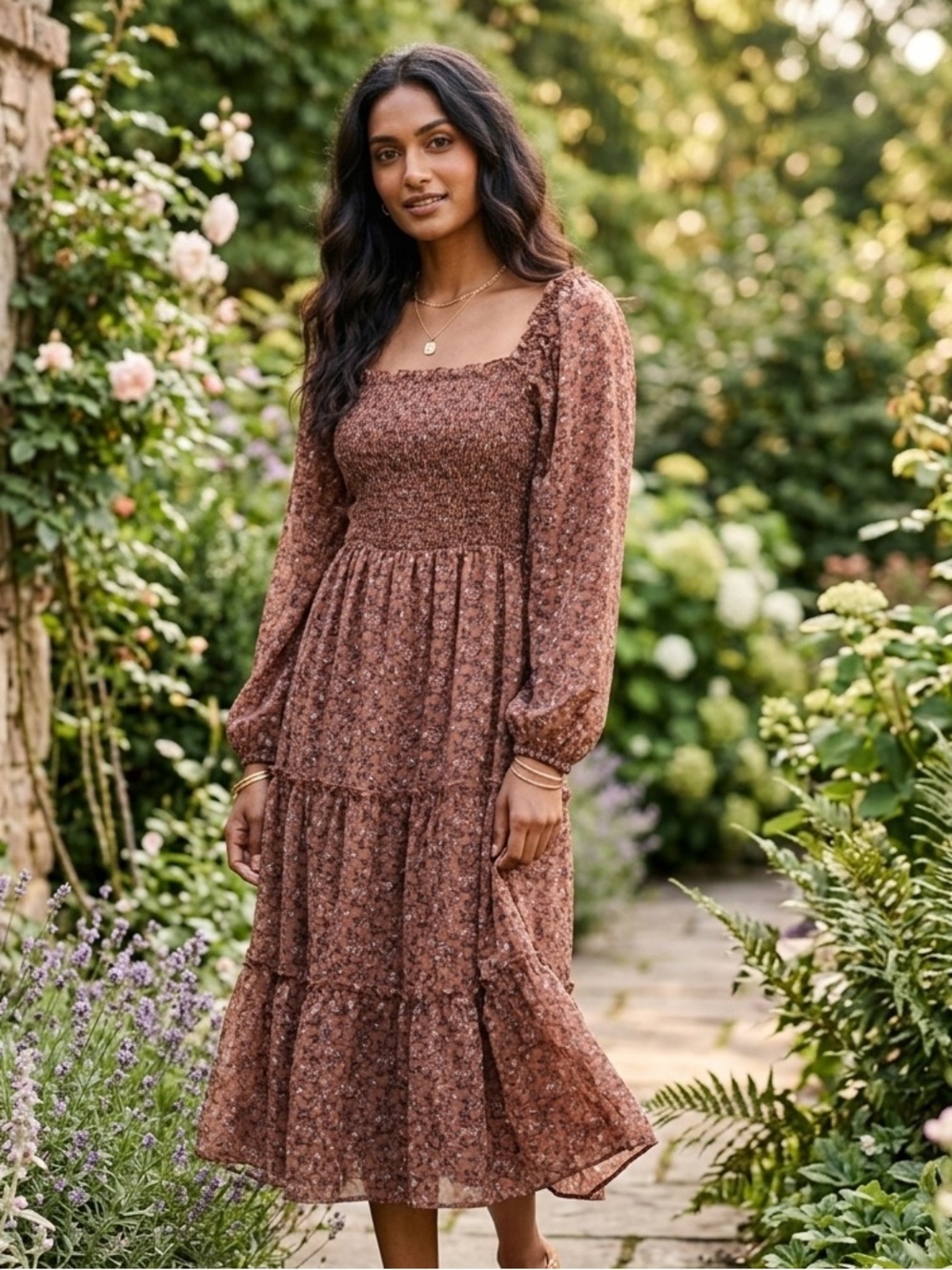 A.U.W. Smocked Peasant Dress with Tiered Skirt